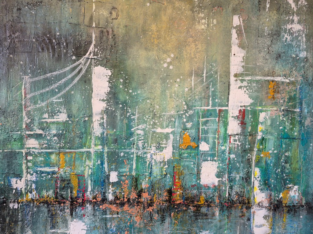 "Partition Urbaine" (2025, Mina Mahouche) 80 cm x 80cm, technique mixte.