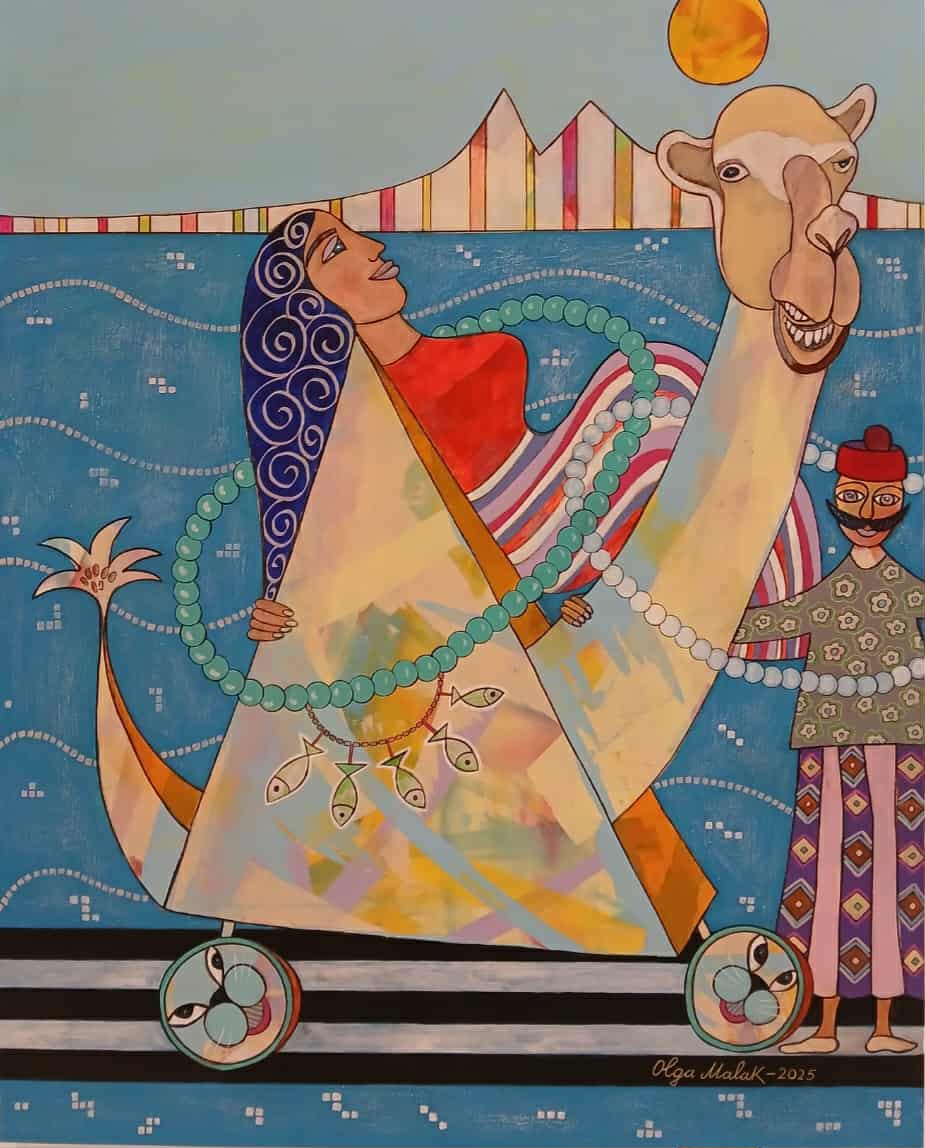 Couple au Dromadaire – Olga Malakhova (2025) Acrylique et technique mixte sur toile – 100 x 81 cm 3 000 € | Œuvre exposée en 2025
