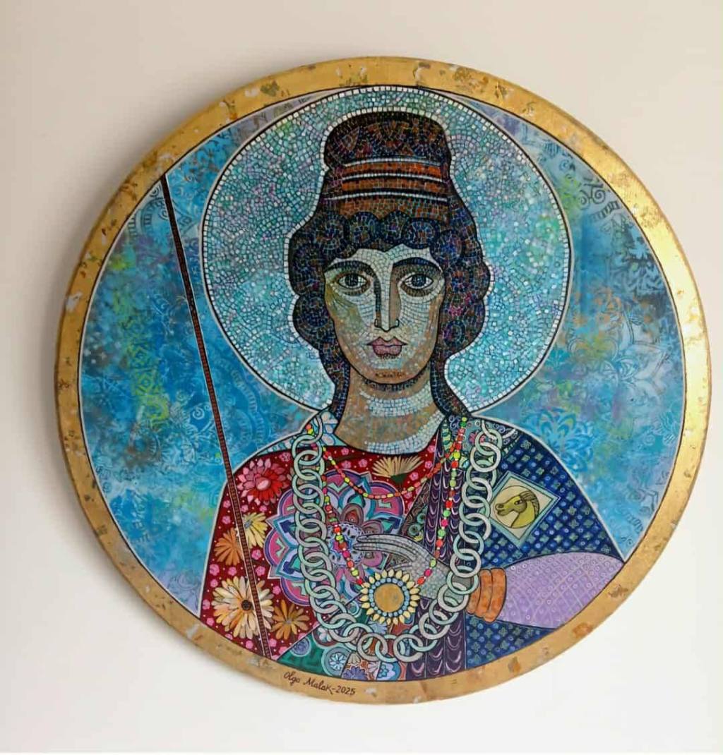 Discover Olga Malakhova, Tunisia's visual storyteller. PhD art historian transforming ancient mosaics into narrative paintings. Acrylic & gold leaf works celebrating Carthaginian heritage.