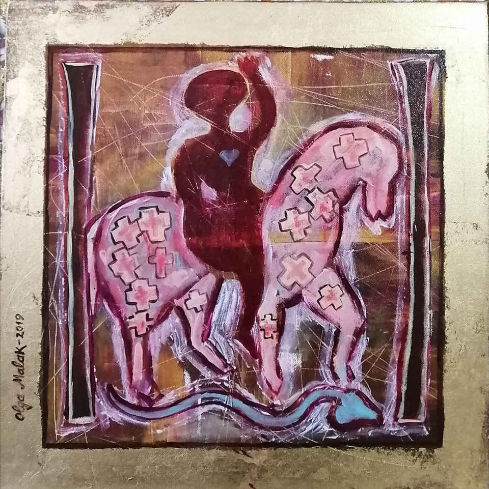 Terracotta II Cheval d’Olga Malakhova (2019) : œuvre originale en acrylique et feuille d’or, créée à Carthage. Disponible à la vente via Jean-Baptiste MESONA.