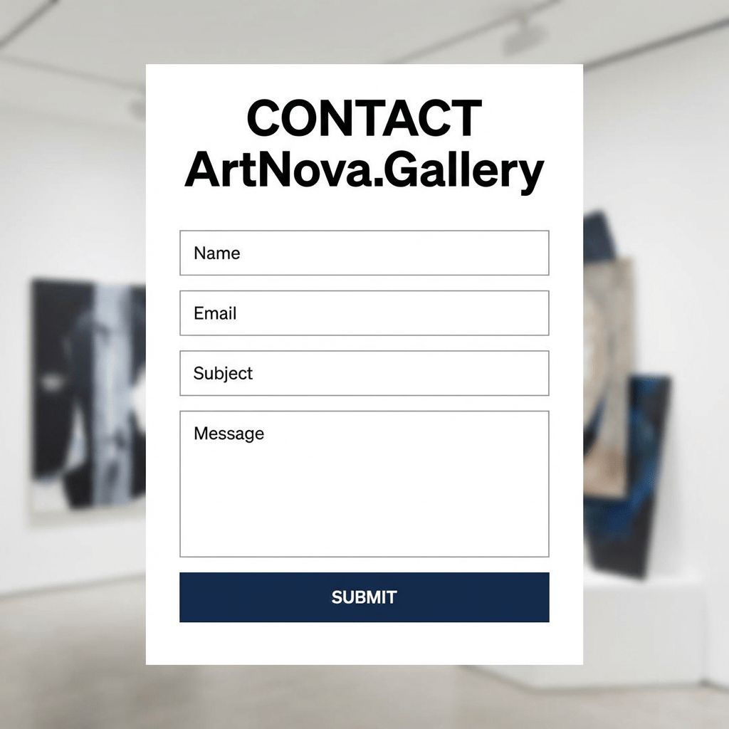 CONTACT ArtNova.Gallery form with fields for Name, Email, Subject, Message, and a Submit button.
