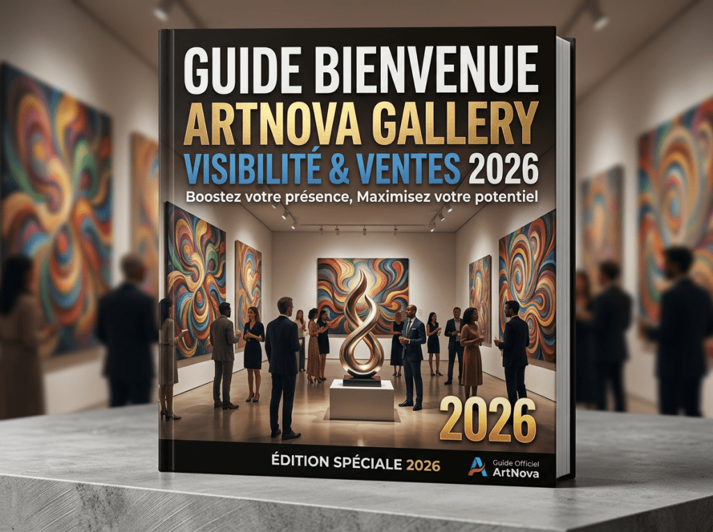 Cover of ArtNova Gallery guide for visibility and sales in 2026 showing art gallery scene with visitors and modern art