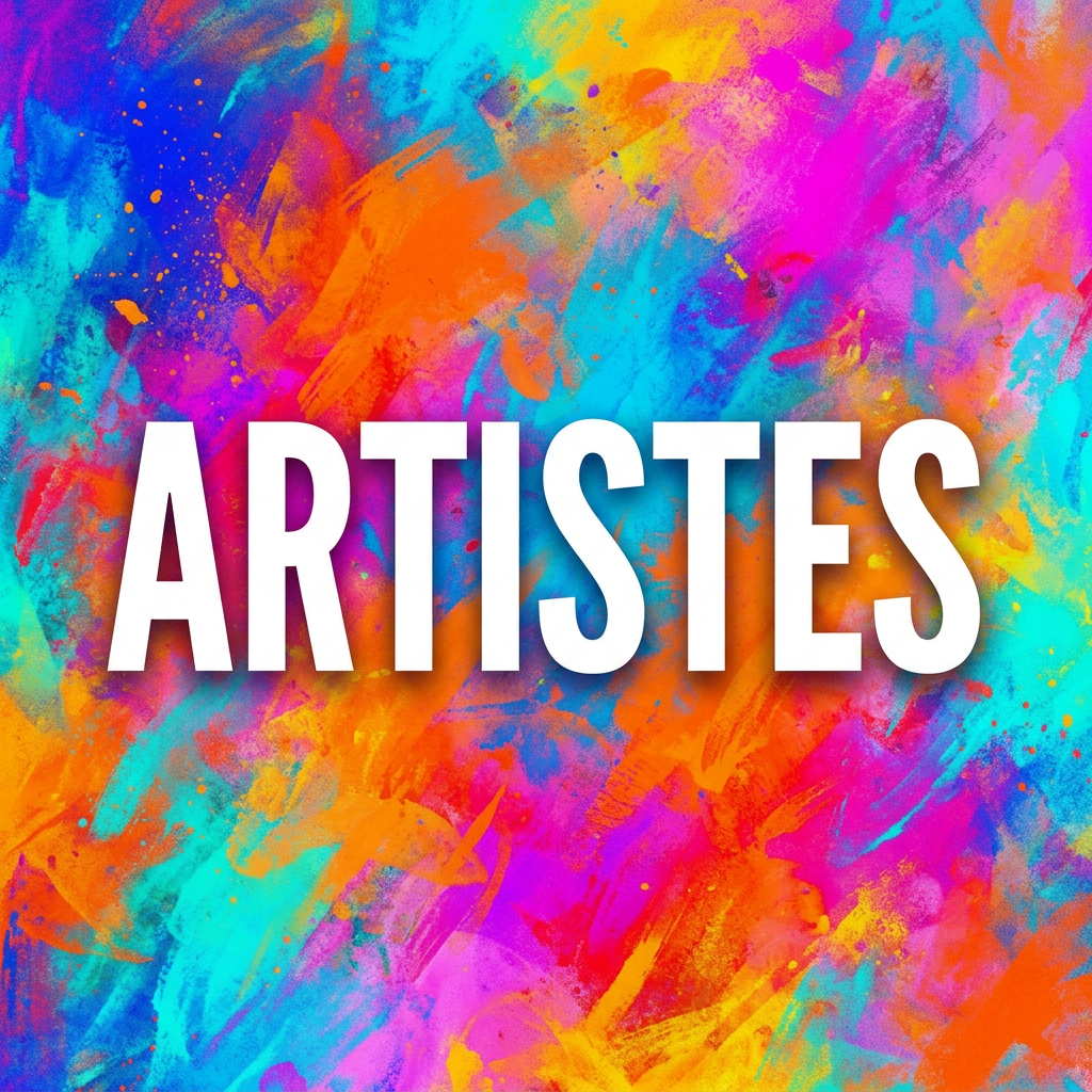 'ARTISTES' written in bold white letters over a bright multicolor paint splash background