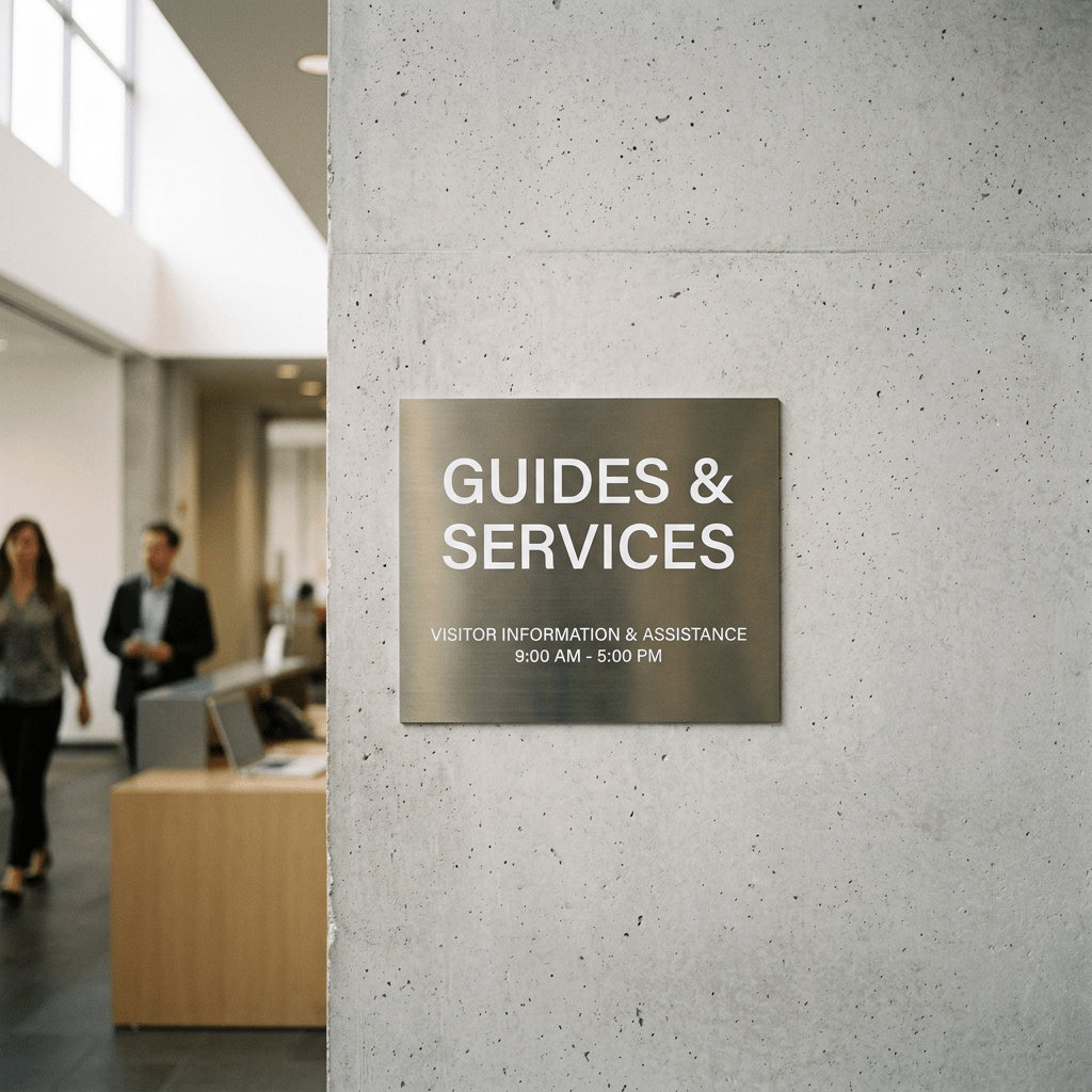 Metal plaque reading Guides & Services Visitor information & assistance 9 AM to 5 PM