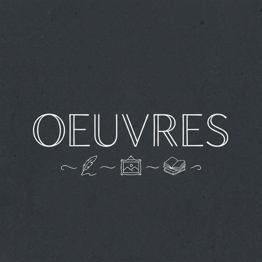 The word OEUVRES with feather, picture frame, and open book icons
