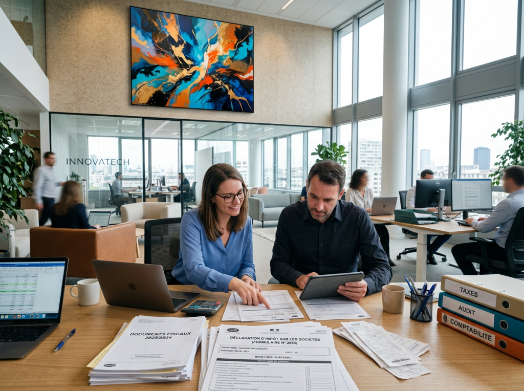 Two people reviewing tax documents and discussing finances at a desk