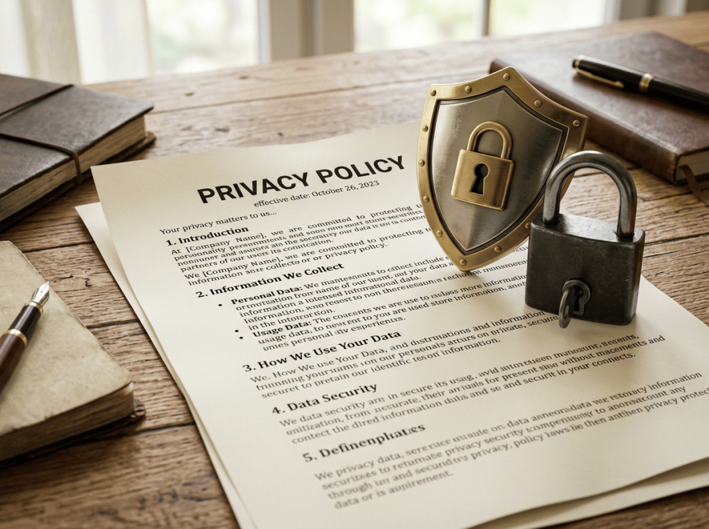 Privacy policy document with a shield emblem and a padlock on a wooden table