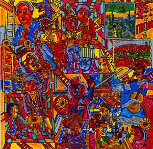 Vie de Pablo et Fernand, peinture acrylique sur toile d’Anick Langelier, 2020, 102 × 102 cm