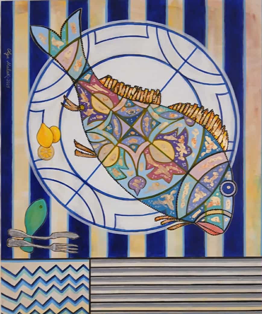 Oueld Bhar, œuvre d’Olga Malakhova, acrylique et technique mixte sur toile, 100 × 81 cm