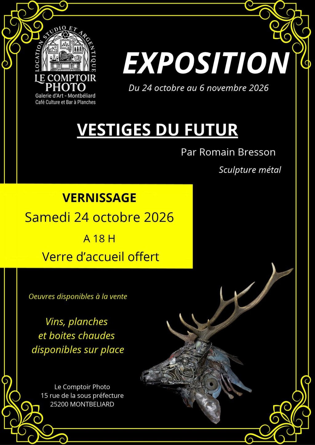 Affiche de l’exposition « Vestiges du futur », sculptures métal de Romain Bresson, au Comptoir Photo de Montbéliard, du 24 octobre au 6 novembre 2026